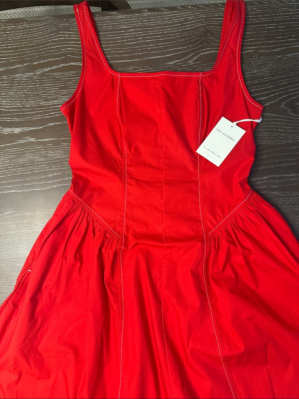 Bright Red Square-Neck Midi Dress with Fitted Bodice